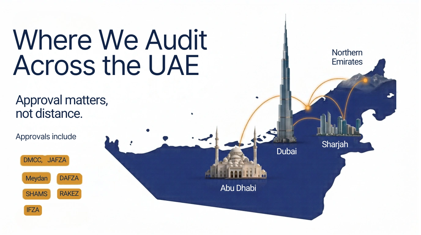Map of where AONE BIZ audits across the UAE, showing Dubai, Sharjah, Abu Dhabi and the Northern Emirates with free zone approvals listed