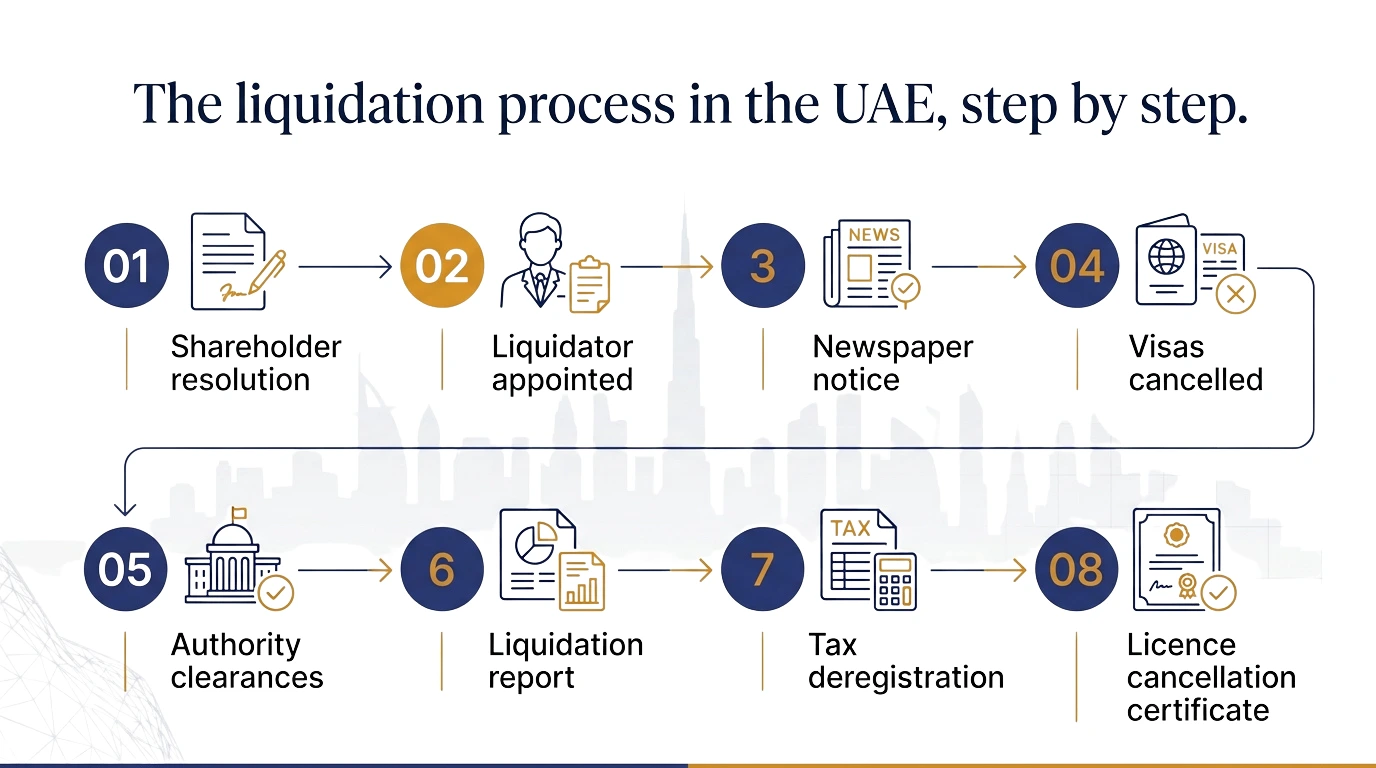 The company liquidation process in the UAE, from shareholder resolution to final deregistration
