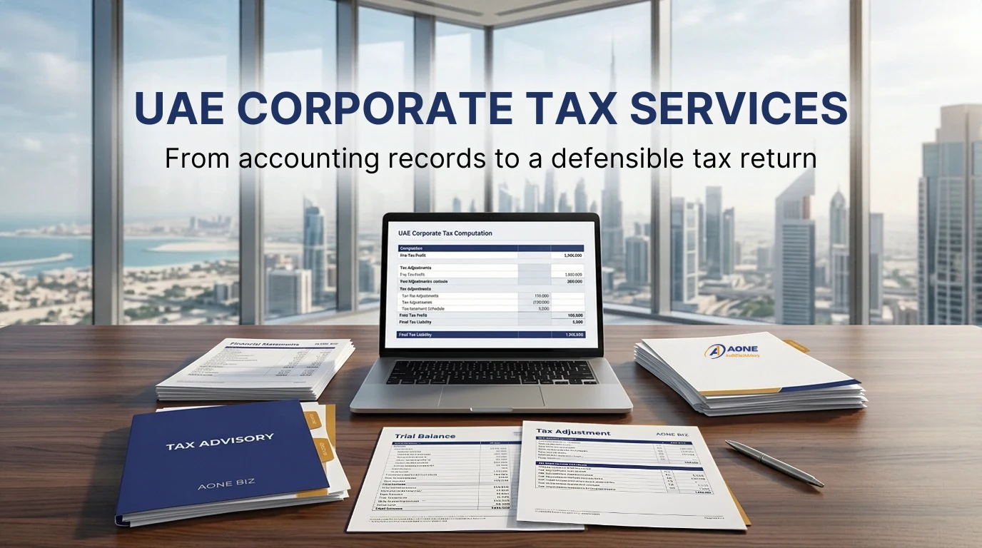 UAE corporate tax services from AONE BIZ - registration, computation, return filing and FTA correspondence